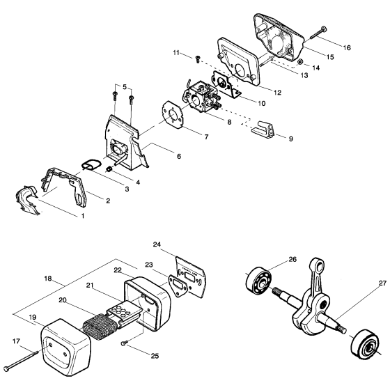 Carburetor & Air Filter, Muffler and Crankshaft Assembly for Husqvarna 142 Chainsaw