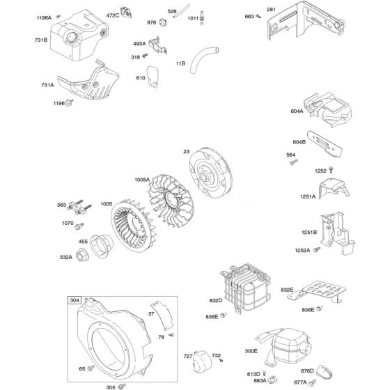 Blower Housing, Flywheel and Rewind Starter Assembly for Briggs and Stratton Model No.15C104-3022-F8 Horizontal Shaft Engine