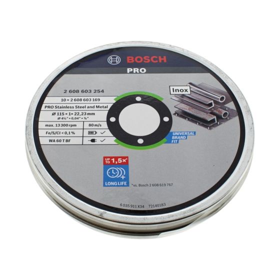 Bosch 10 Pack 4 1/2" (115mm) Metal Cutting Discs - 1mm Thickness, 22.23mm Bore - OEM No. 2608603254