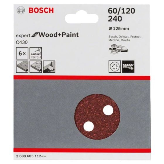 Bosch C430 Sanding Sheet Pack Of 6 125mm G60 / G120 / G240 - OEM No. 2608605112