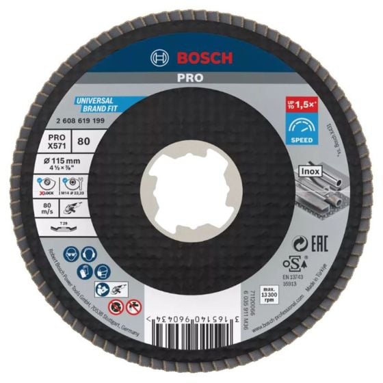 Bosch X571 X-Lock Flap Discs Angled Version Fibre Plate 115mm Best For Metal 80 Grit - OEM No. 2608619199