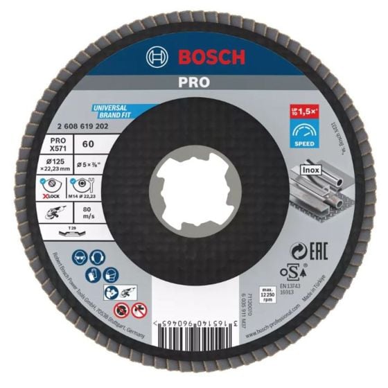 Bosch X571 X-Lock Flap Discs Angled Version Fibre Plate 125mm Best For Metal 60 Grit - OEM No. 2608619202