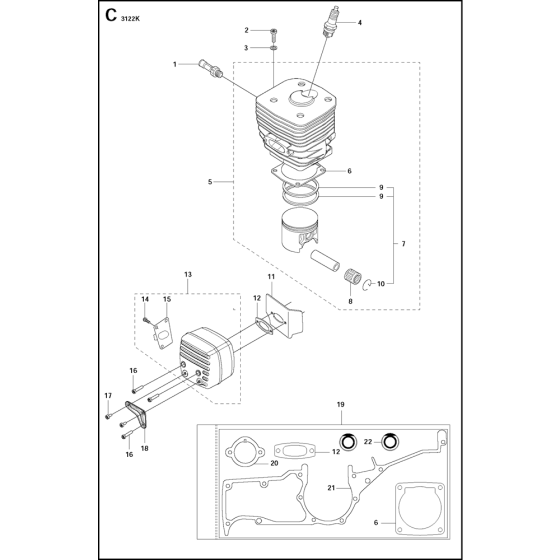 Cylinder, Piston & Muffler Assembly for Husqvarna 3122k Disc Cutters