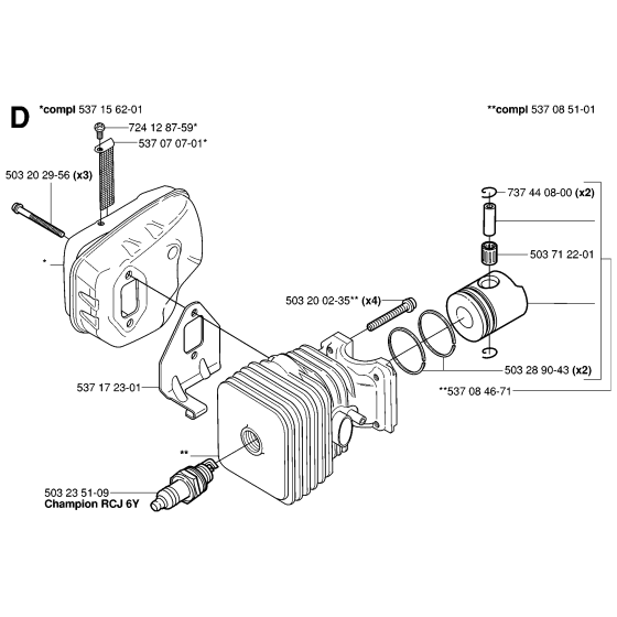 Cylinder, Piston & Muffler for Husqvarna 326 HS75 X-Series Hedge Trimmers