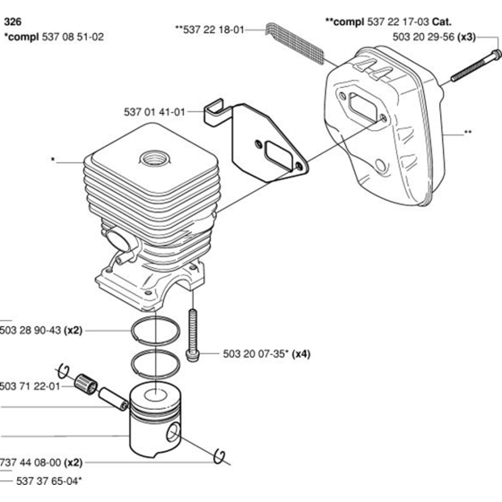 Cylinder, Piston & Muffler for Husqvarna 326 L Trimmer/ Edgers