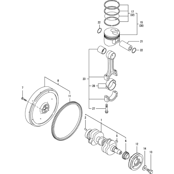 Crankshaft and Piston Assembly for Yanmar 3TNV76-KWA Engine