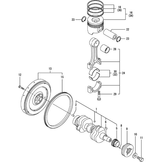 Crankshaft and Piston Assembly for Yanmar 3TNV82A-KWA Engine