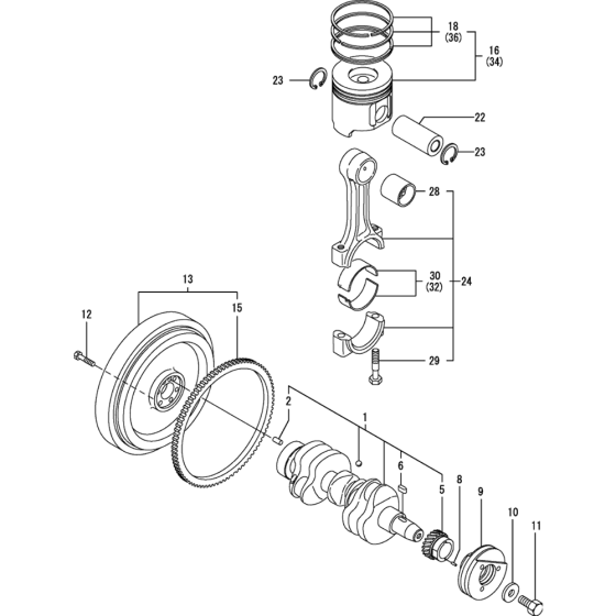 Crankshaft and Piston Assembly for Yanmar 3TNV88-MWA Engine