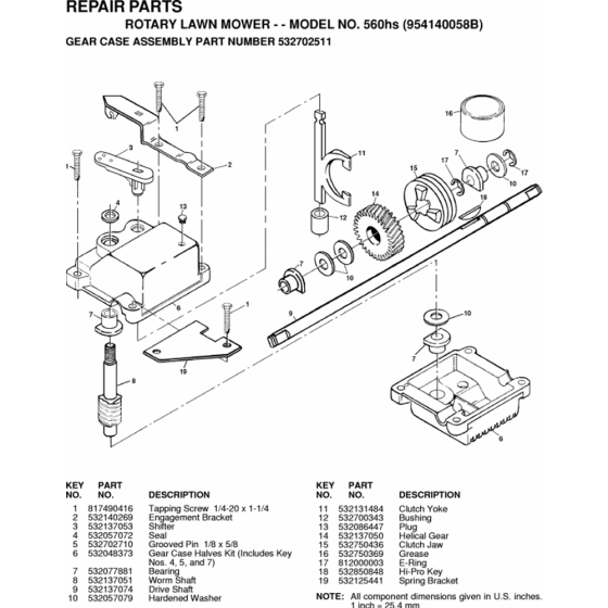 Gear Case Assembly for Husqvarna 560 HS Series 5 Consumer Lawn Mowers