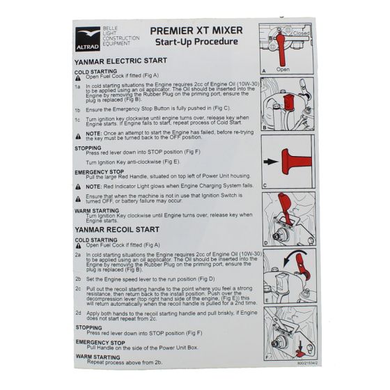 Decal Yanmar Start/ Stop for Belle 100XT, 200XT Concrete Mixers - OEM No. 800/21534