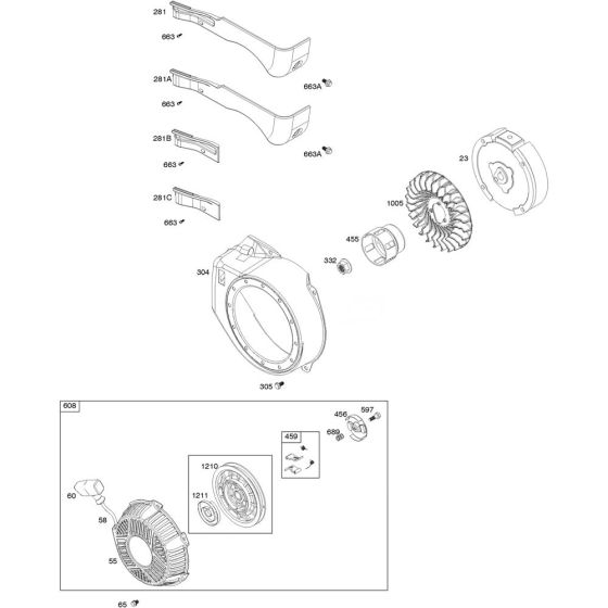 Blower Housing, Flywheel and Rewind Starter Assembly for Briggs and Stratton Model No.83132-1035-F1 Horizontal Shaft Engine