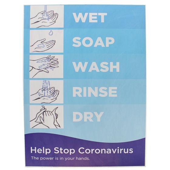 "Wet, Soap, Wash, Rinse, Dry" Semi Rigid Styrene Sign - 400mm x 300mm