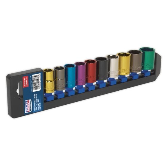 Multi-Coloured Socket Set 10pc 1/2"Sq Drive 6pt WallDrive Metric Sealey Part No. AK288