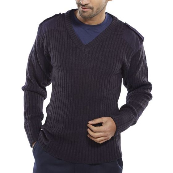 V-Neck Military Style Sweater c/w Elbow Patches Ribknit Material N/Blue LRG