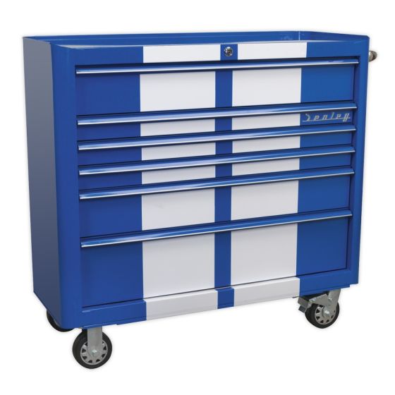 Rollcab 6 Drawer Wide Retro Style - Blue with White Stripes Sealey Part No. AP41206BWS