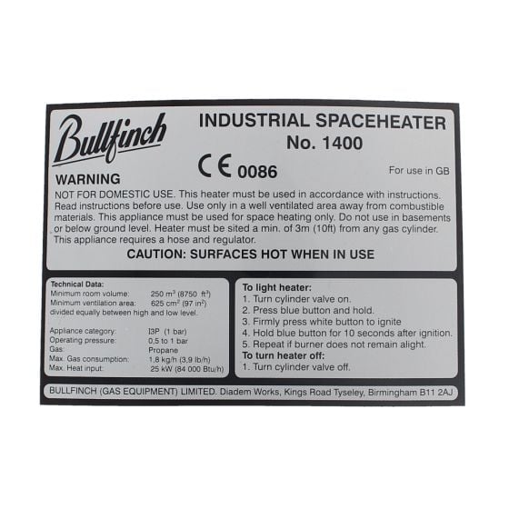 Label for Bullfinch 1400 Space Heater - B1400T