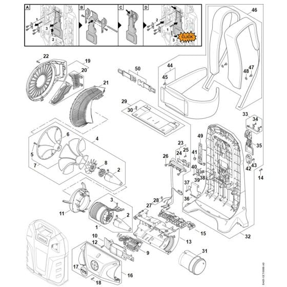 Fan and Motor Assembly, Motor housing, Backplate for Stihl BGA 300.0 Cordless Leaf Blower