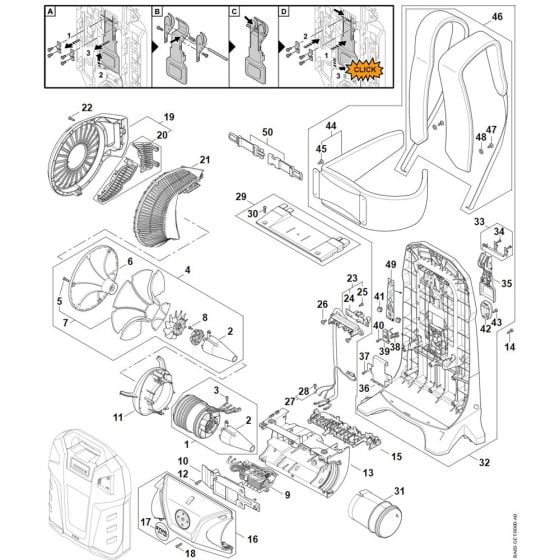 Fan and motor assembly, Motor housing, Backplate for Stihl BGA 300.1 Cordless Leaf Blower