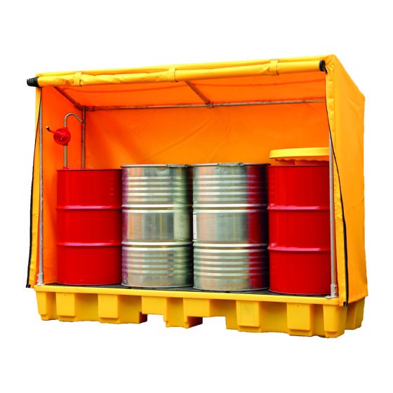 In-Line 4 Drum Spill Pallet (1x4 205L) with Framed Cover 245 x 660 x 188cm