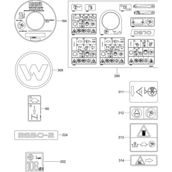 Labels Assy for Wacker BS50-2 Later (Walbro Carb, Manual Choke) Rammer