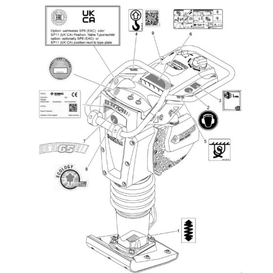 Decals (S/N 101541541098-101541549999) for Bomag BT65 Rammers