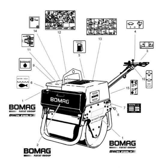 Decal (S/N 101620261021 to 101620261056) Assembly for Bomag BW 71 EHB-2 (101620261001 to 101620261101)   Roller