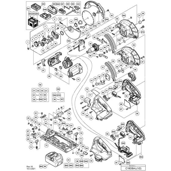 Main Assembly 1 for Hikoki C18DBAL Cordless Circular Saw