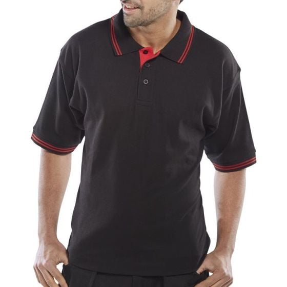 Click Polo Shirt Poly/Cotton Fabric Lined Neck Seam Two Tone Black/Red LGE