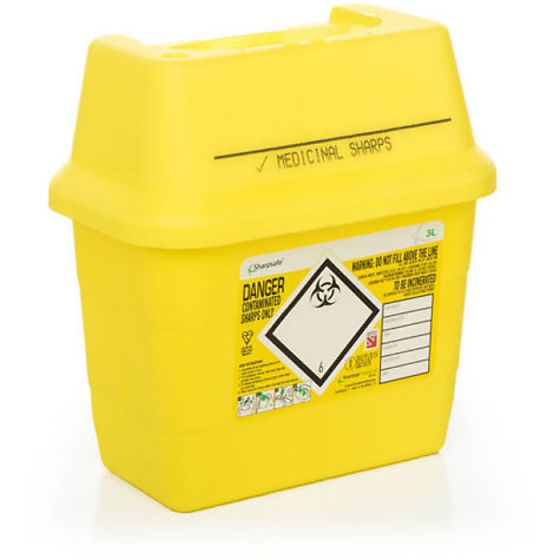 Sharps Bin Large Aperture c/w internal Safety Flap Capacity 3ltr Yellow MED