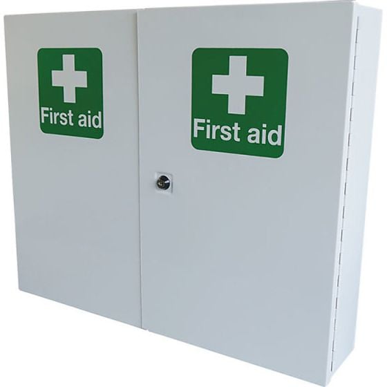 Metal First Aid Cabinet Double Doors Lockable Storage 60 X 13 X 50cms White