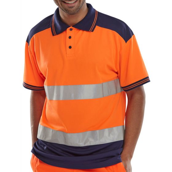 Hi-Viz Polo Shirt 100% Polyester 3 Button Placket Two-tone Orange/Navy SML