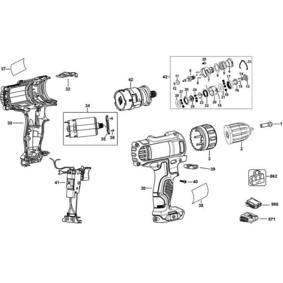 Main Assembly for DeWalt DCD700 Cordless Drill