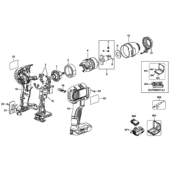 Main Assembly for DeWalt DCF880D2 Impact Wrench