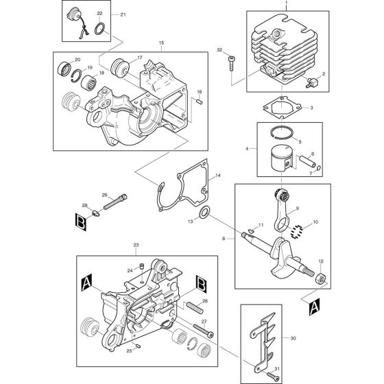 Cylinder, Piston, Crankcase and Crankshaft Assembly for Makita DCS340-30 Chainsaws