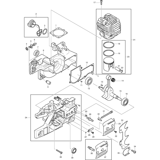 Cylinder, Piston and Crankcase Assembly For Makita DCS9000-60 Chainsaw