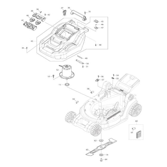 Battery, Motor Assembly for Makita DLM432 Mower