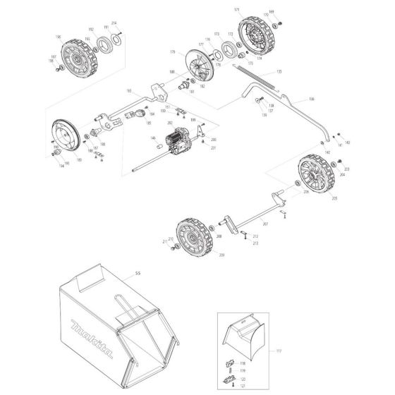 Grass Catcher, Wheel Assembly for Makita DLM462 Mower