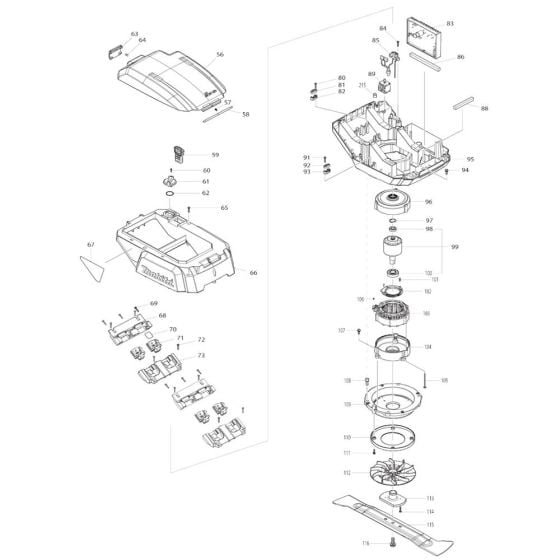 Battery, Motor Assembly for Makita DLM530 Mower