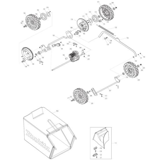 Grass Catcher, Wheel Assembly for Makita DLM532 Mower