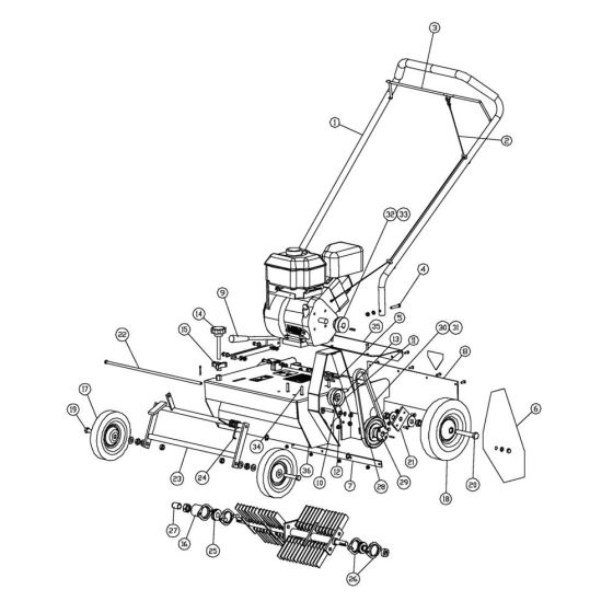 Chassis, Engine, Pulley Assembly for Husqvarna DT18 Dethatcher