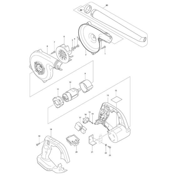 Complete Assembly for Makita DUB183Z Blower