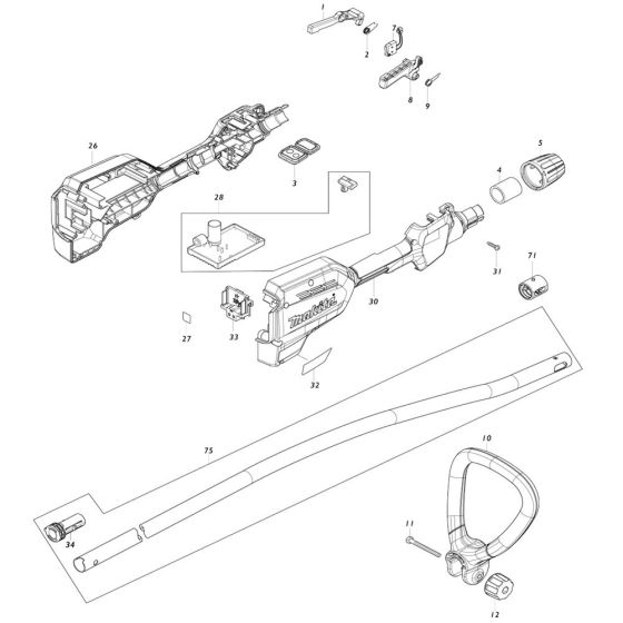 Handle, Lever, Pipe Assembly for Makita DUR189 Cordless Trimmer