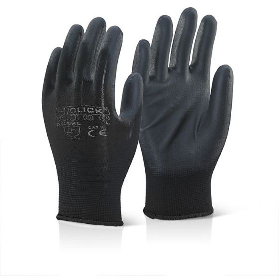 Polyester Glove with PU Coated Palm Machine Knitted Elastic Wrist Black SML