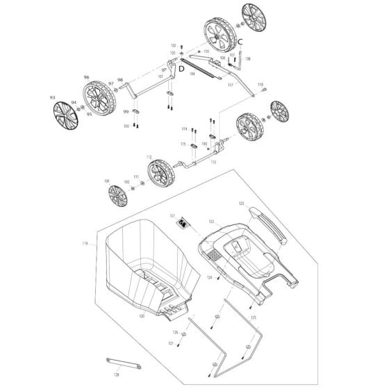 Grass Catcher, Wheel Assembly for Makita ELM3320 Mower