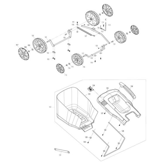 Grass Catcher, Wheel Assembly for Makita ELM3720 Mower