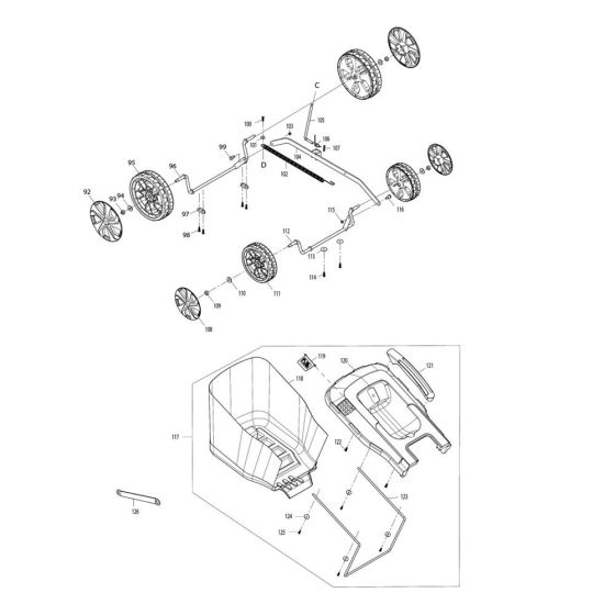 Grass Catcher, Wheel Assembly for Makita ELM4120 Mower