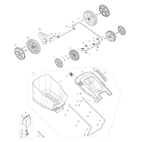 Grass Catcher, Wheel Assembly for Makita ELM4121 Mower