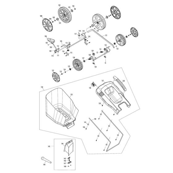 Grass Catcher, Wheel Assembly for Makita ELM4620 Mower