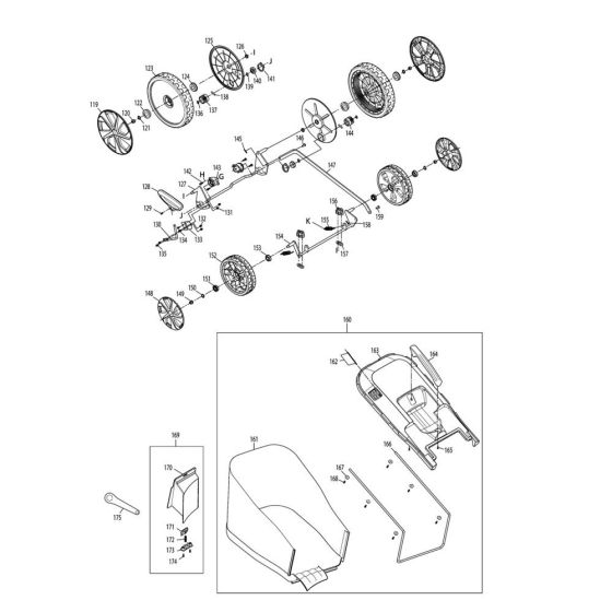 Grass Catcher, Wheel Assembly for Makita ELM4621 Mower