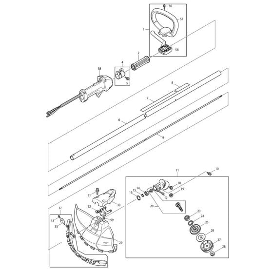 Handle, Pipe, Shield Assembly for Makita EM2651LH Brushcutter